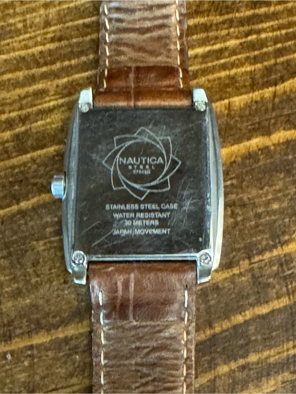 Nautica Silver-Tone Rectangular Watch with Brown Leather Band